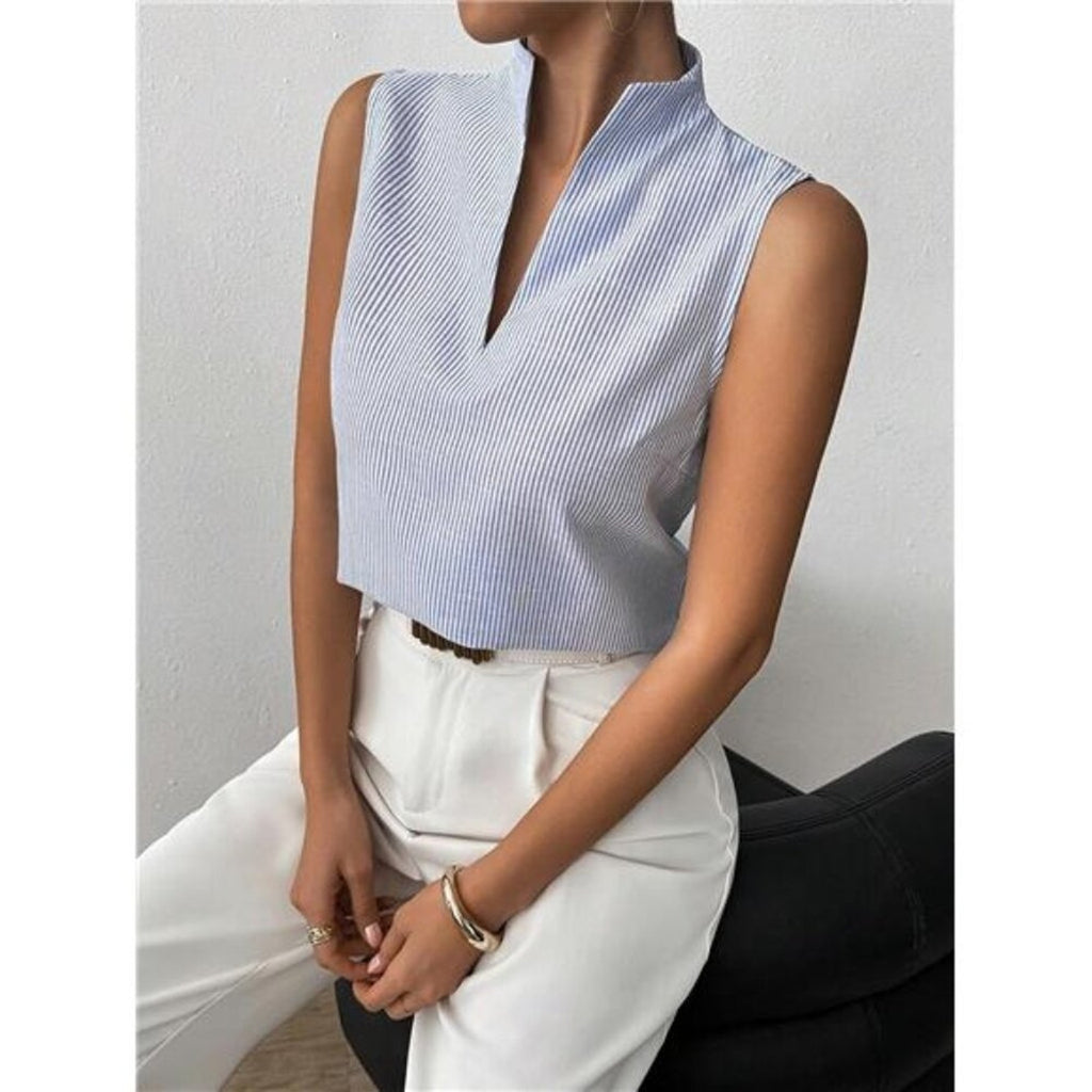 Women’s Deep V-Neck Sleeveless Work Top Blue Striped Business Casual Tank Blouse