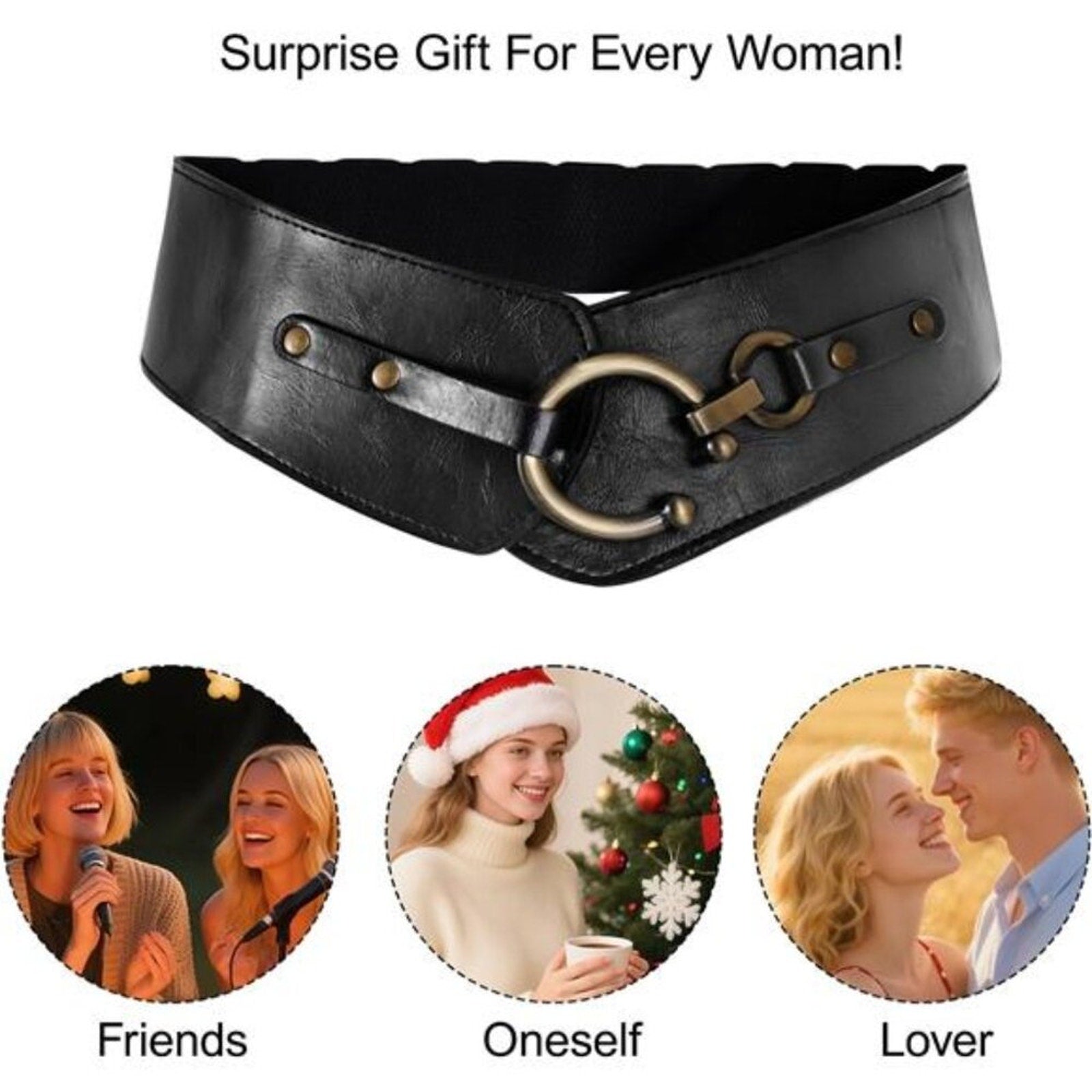 Women's Wide Elastic Waist Belt  Black Vegan Leather Stretch Interlock Buckle