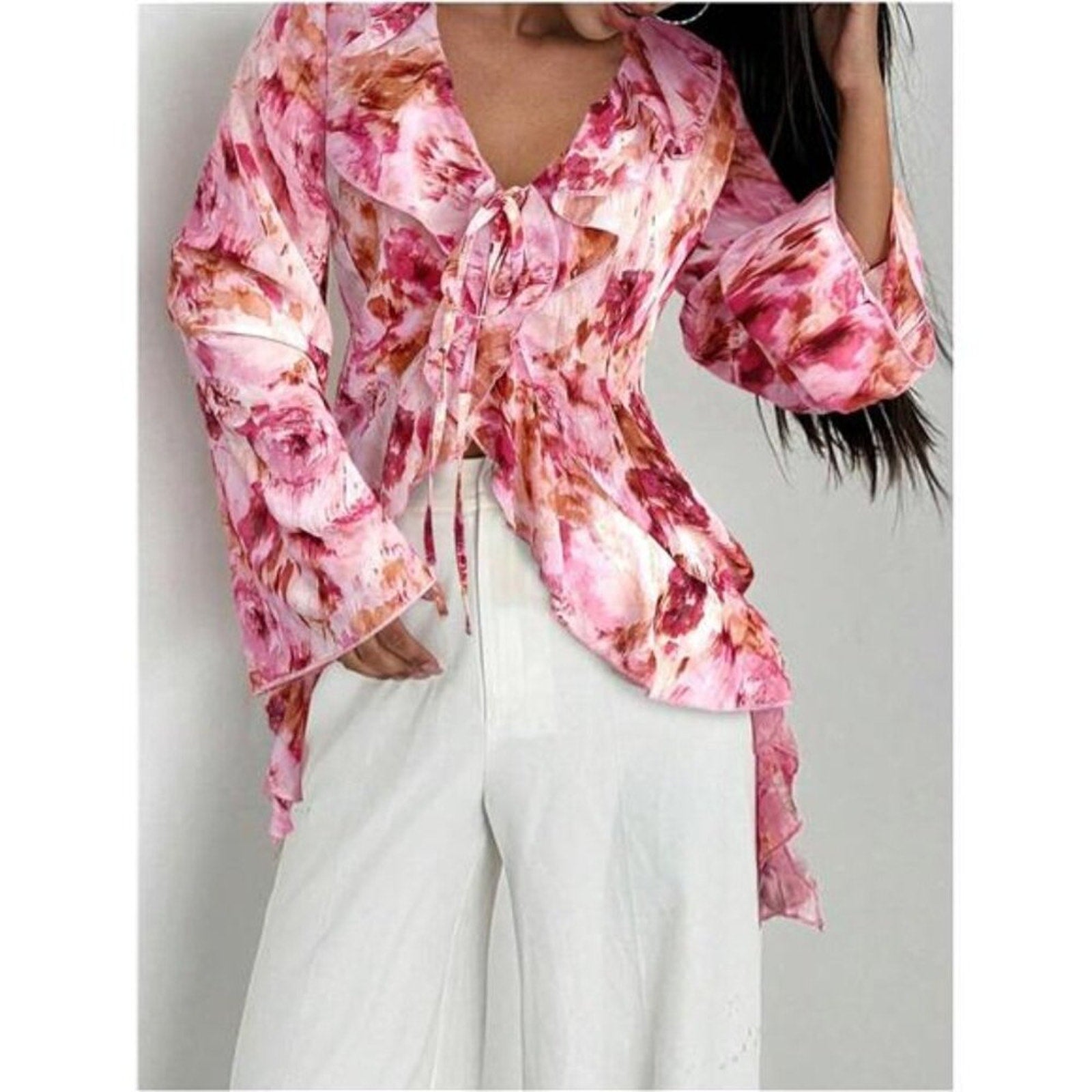 Women’s Floral Print Ruffle Blouse V Neck Tie Front Long Bell Sleeve Top Pink