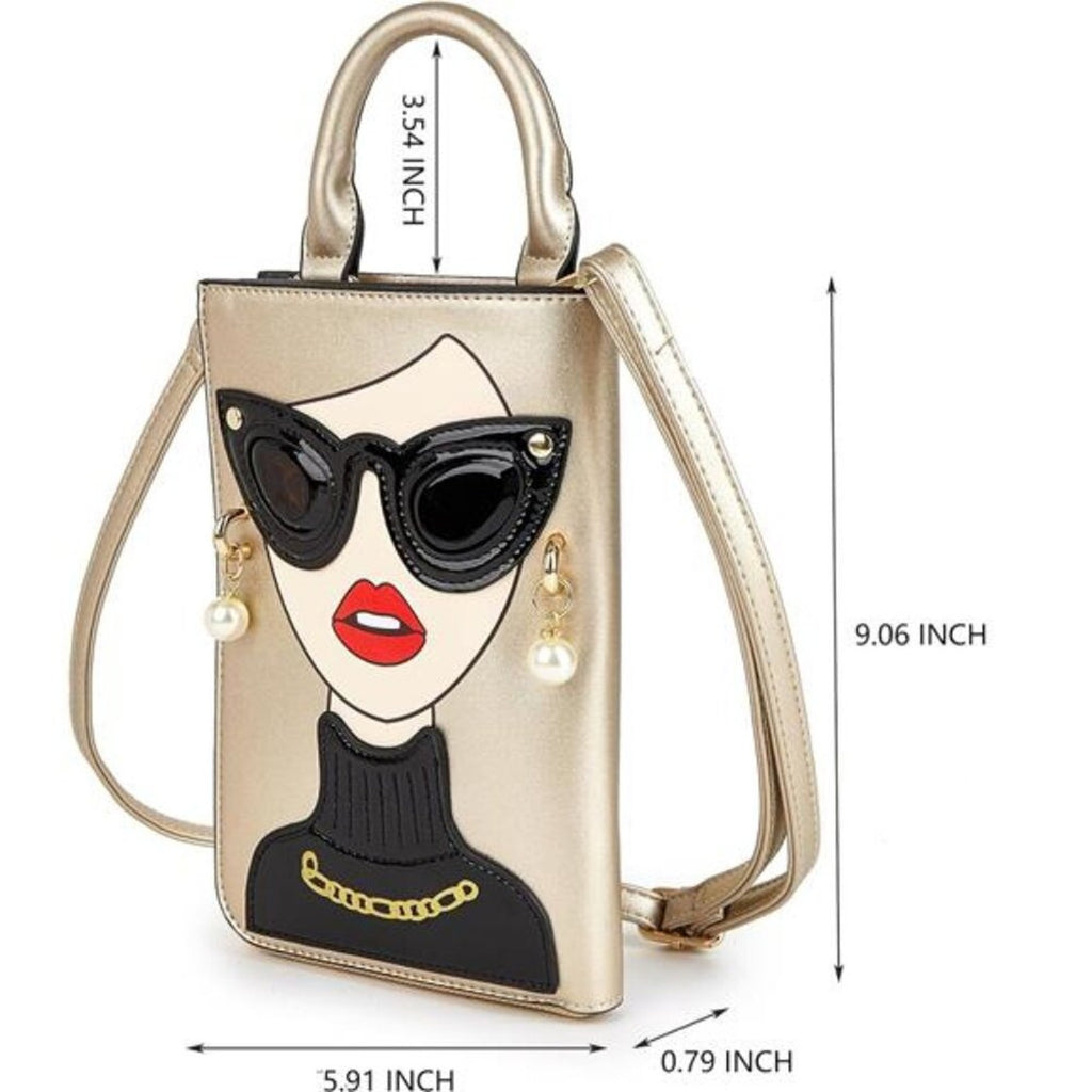 Women Golden Lady Face Shoulder Bags Funky Vegan Leather Top Handle Satchel