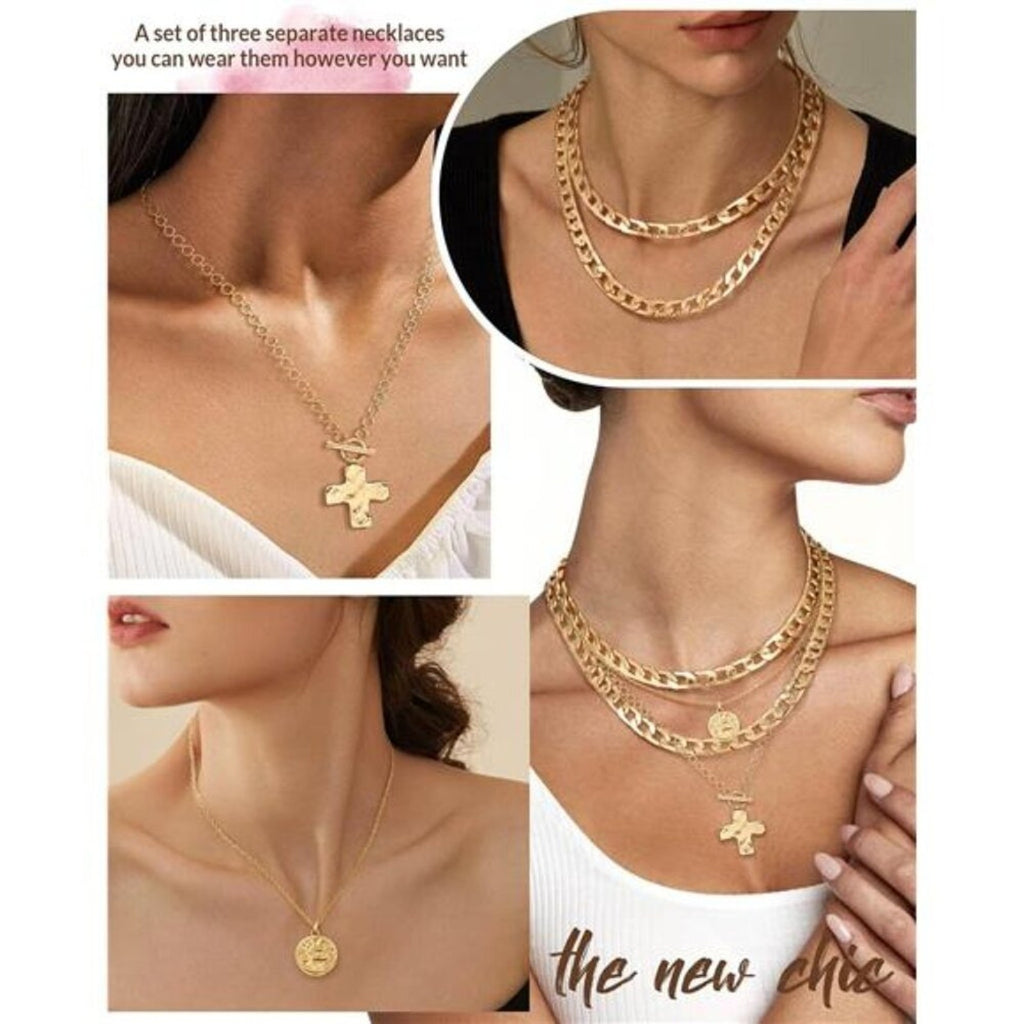 Layered Necklaces Natalia Gold Tone Trendy Retro Coin and Cross Pendant