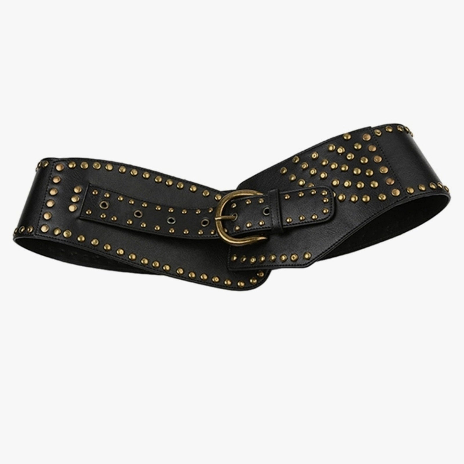 Black Wide Studded Leather Belt Waist Cinch Belt with Antique Gold Buckle