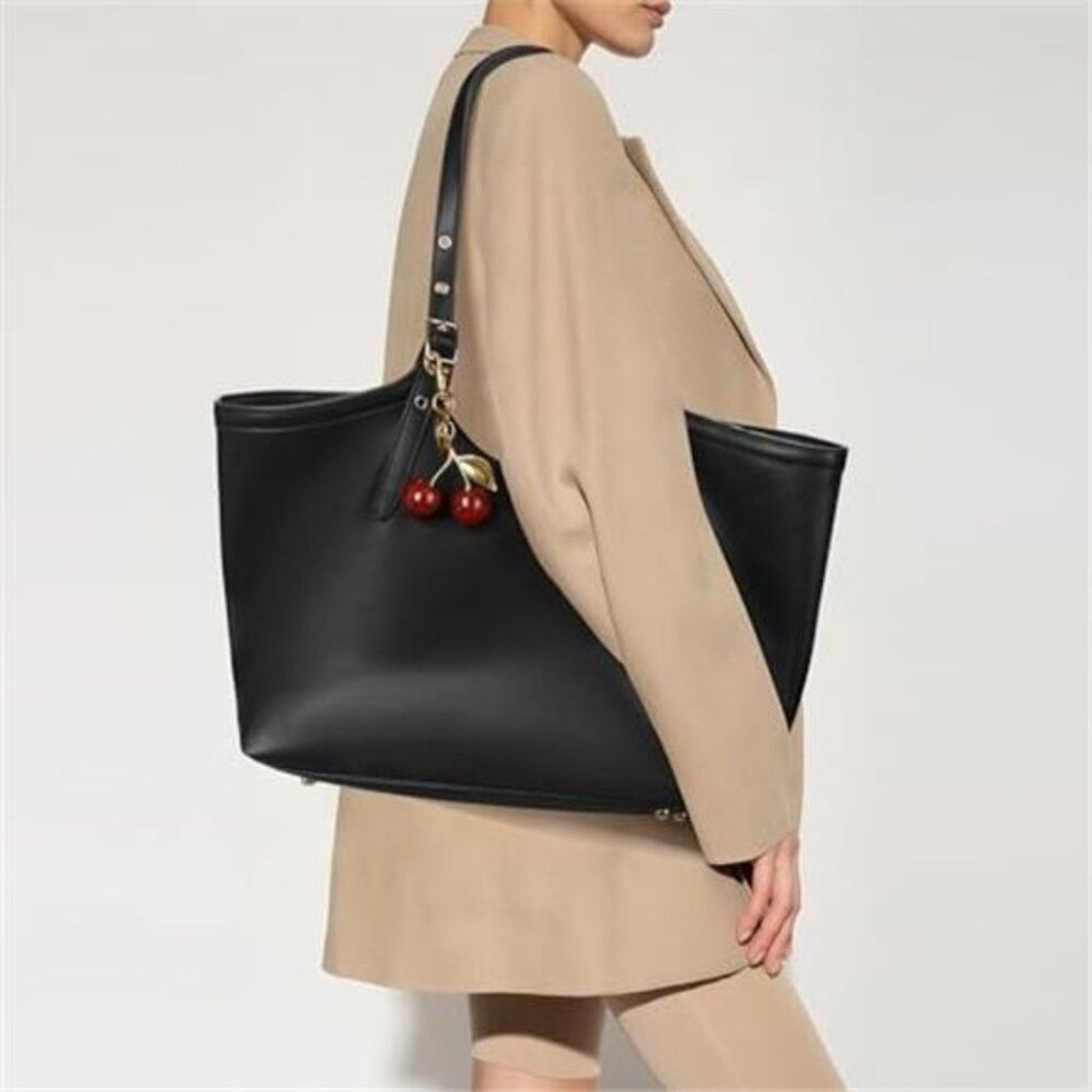 Black Vegan Leather Tote Bag Cherry Charm Shoulder Handbag Large Capacity