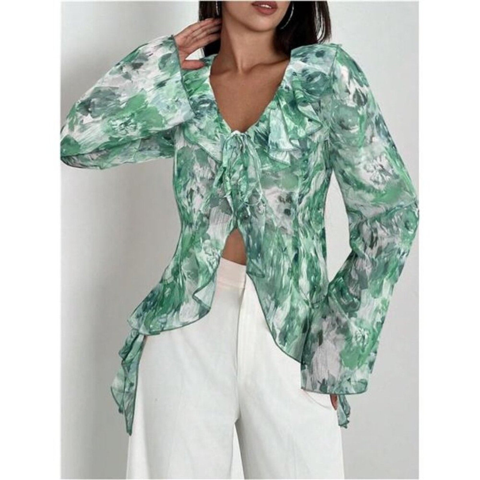 Women’s Floral Print Ruffle Blouse – V Neck Tie Front Long Bell Sleeve Top Green