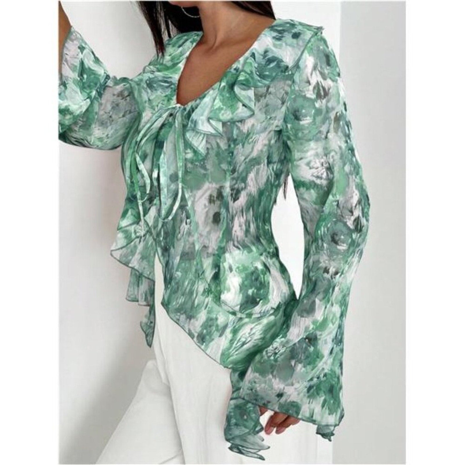 Women’s Floral Print Ruffle Blouse – V Neck Tie Front Long Bell Sleeve Top Green