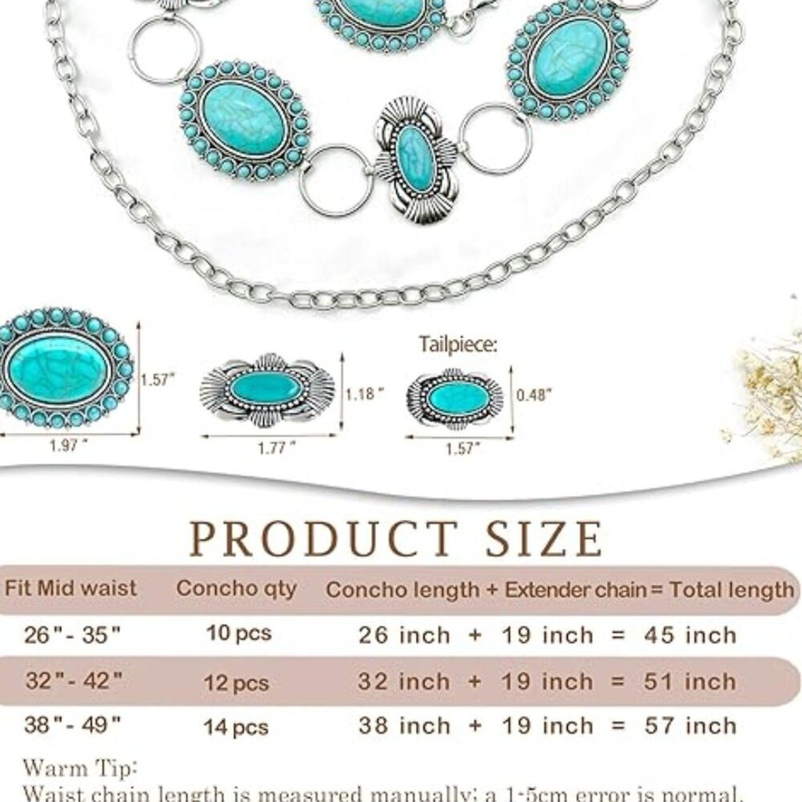 Turquoise Concho Belt for Women Silver Western Chain Belt, Cowgirl Country belt