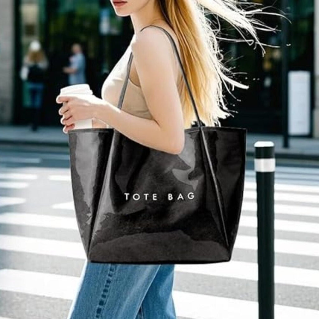 Women’s Large PVC Black Tote Bag Oversized Shopper Handbag with Shoulder Straps