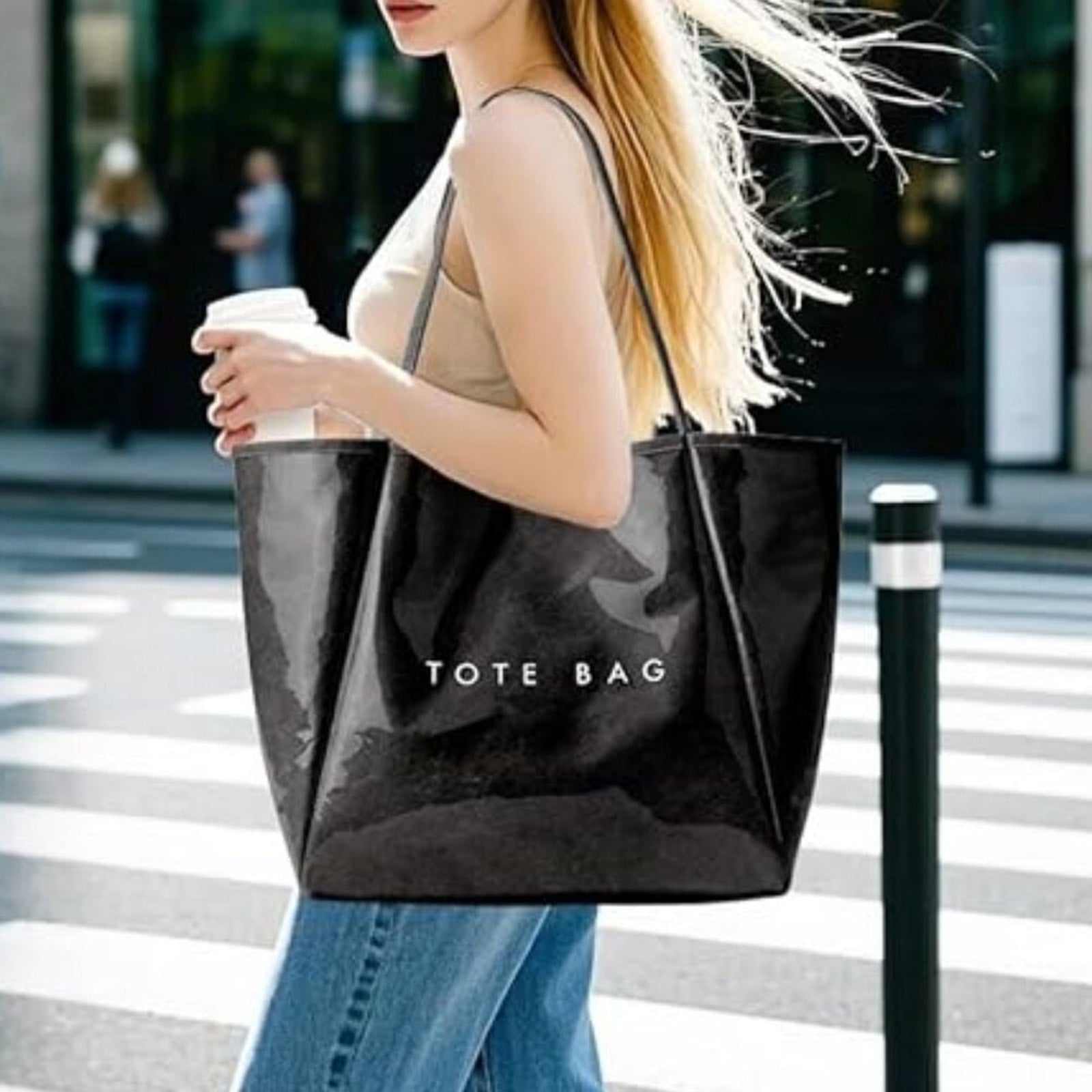 Women’s Large PVC Black Tote Bag Oversized Shopper Handbag with Shoulder Straps