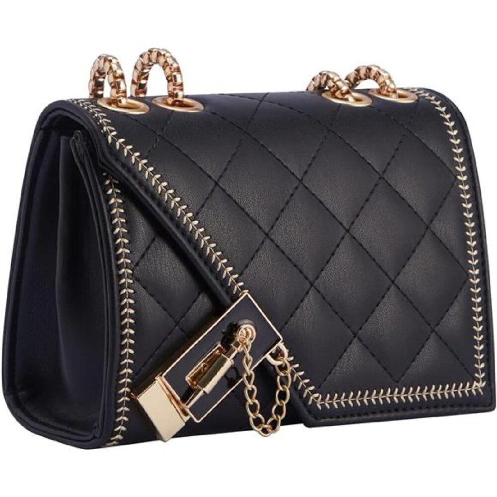 Quilted Crossbody Bag Black Vegan Leather Shoulder Bag Fashion Chain Small Purse