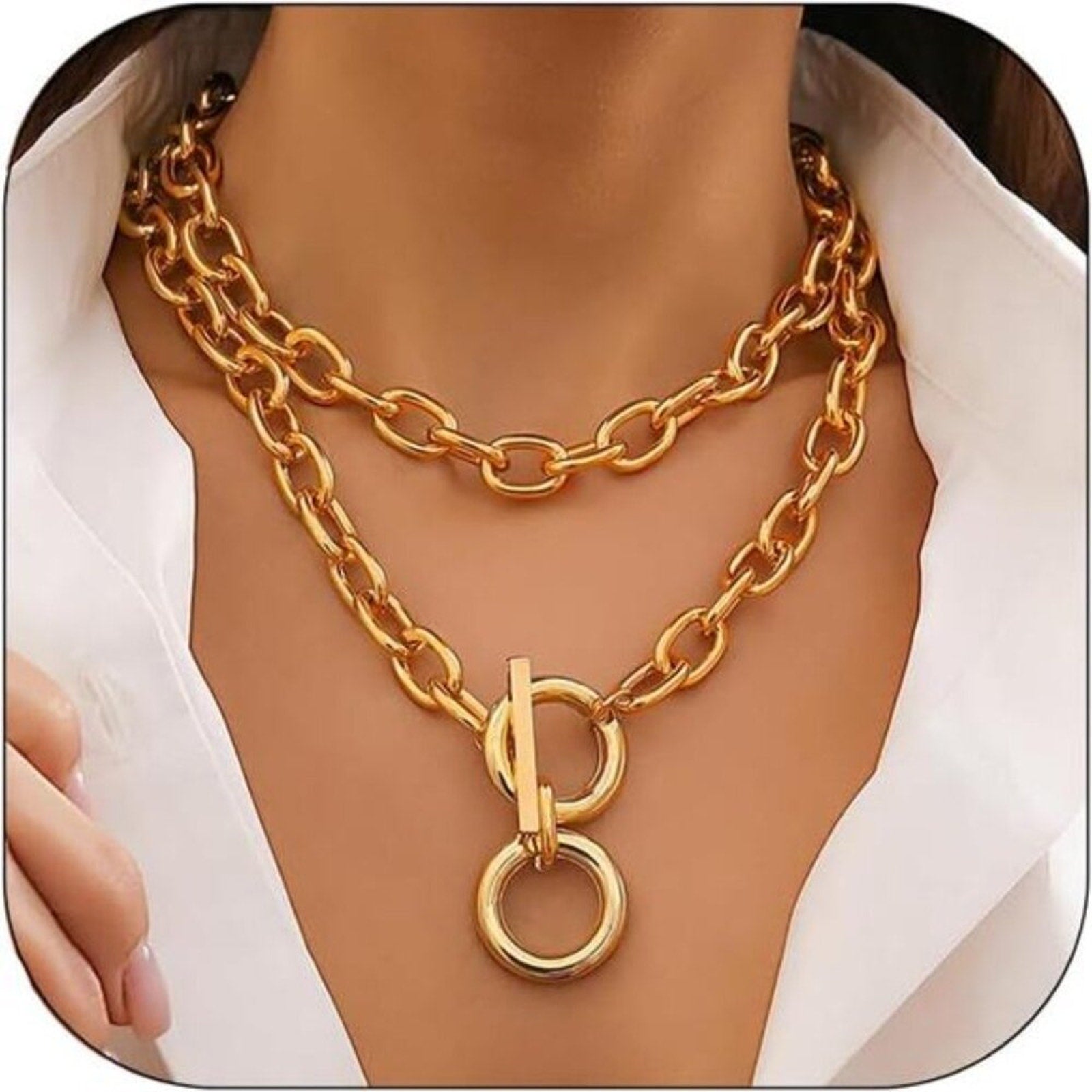 Chunky Gold Chain Necklace for Women Layered Chain with Toggle Circle Pendant