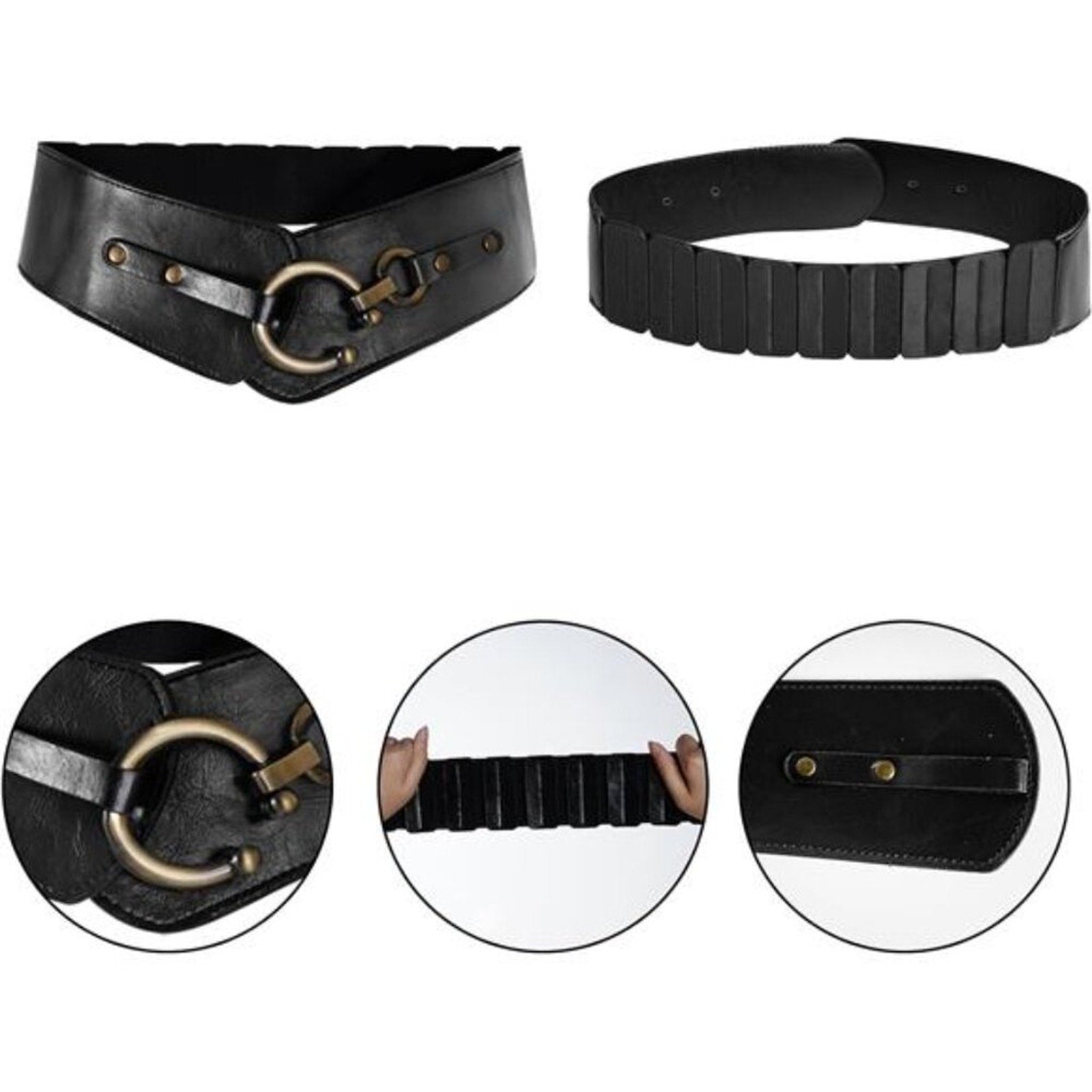 Women's Wide Elastic Waist Belt  Black Vegan Leather Stretch Interlock Buckle