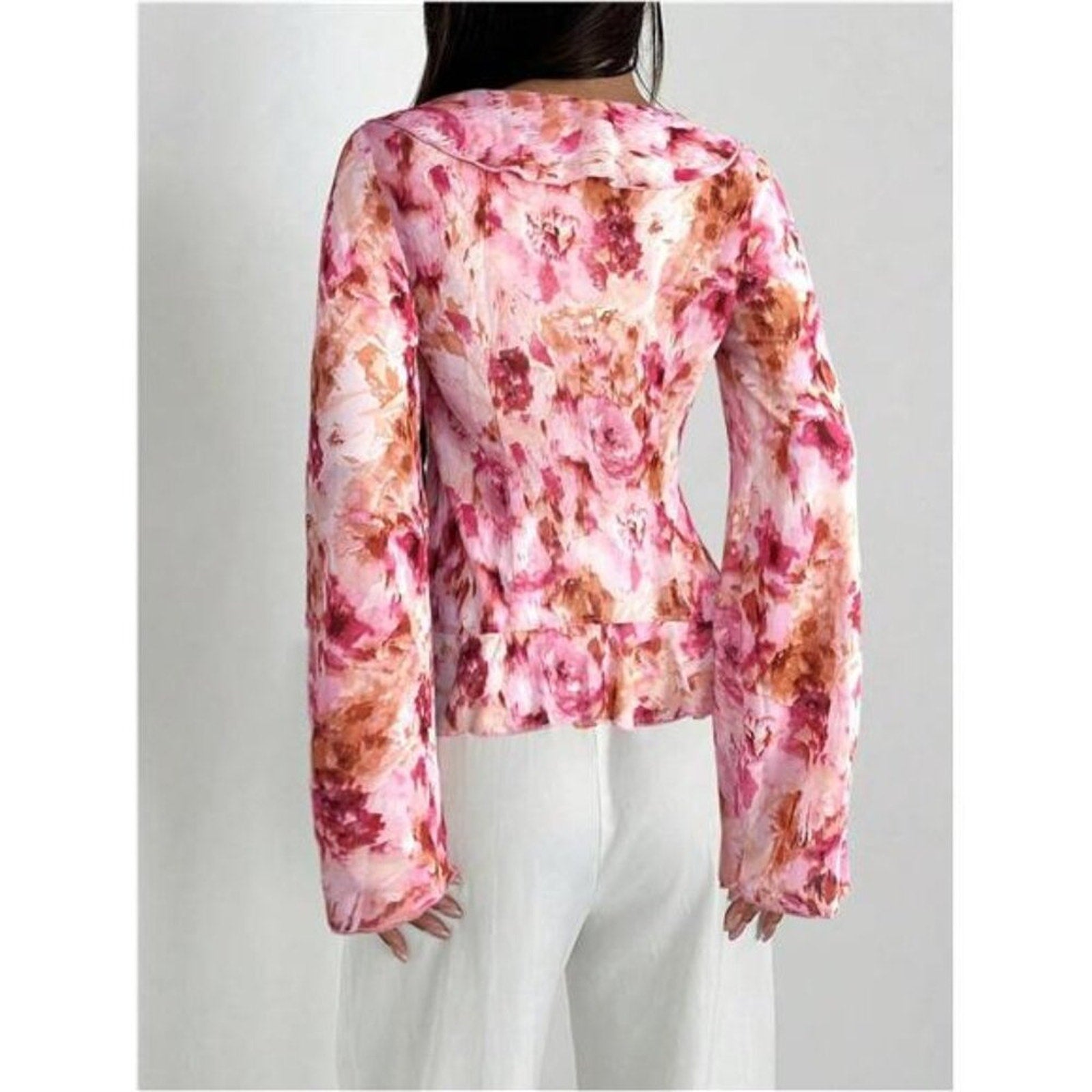 Women’s Floral Print Ruffle Blouse V Neck Tie Front Long Bell Sleeve Top Pink