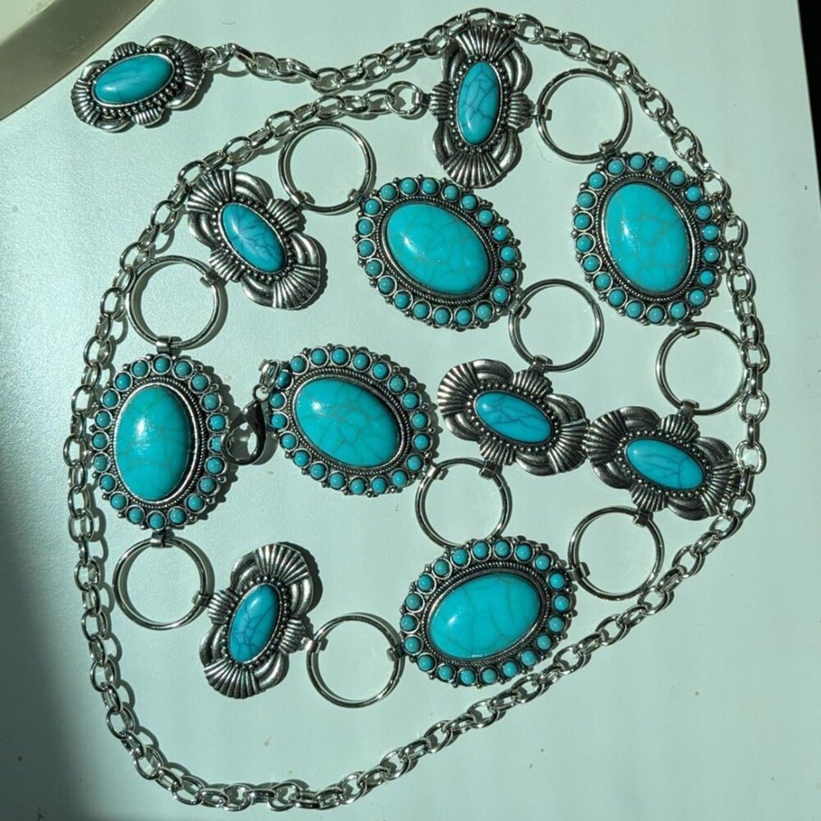 Turquoise Concho Belt for Women Silver Western Chain Belt, Cowgirl Country belt