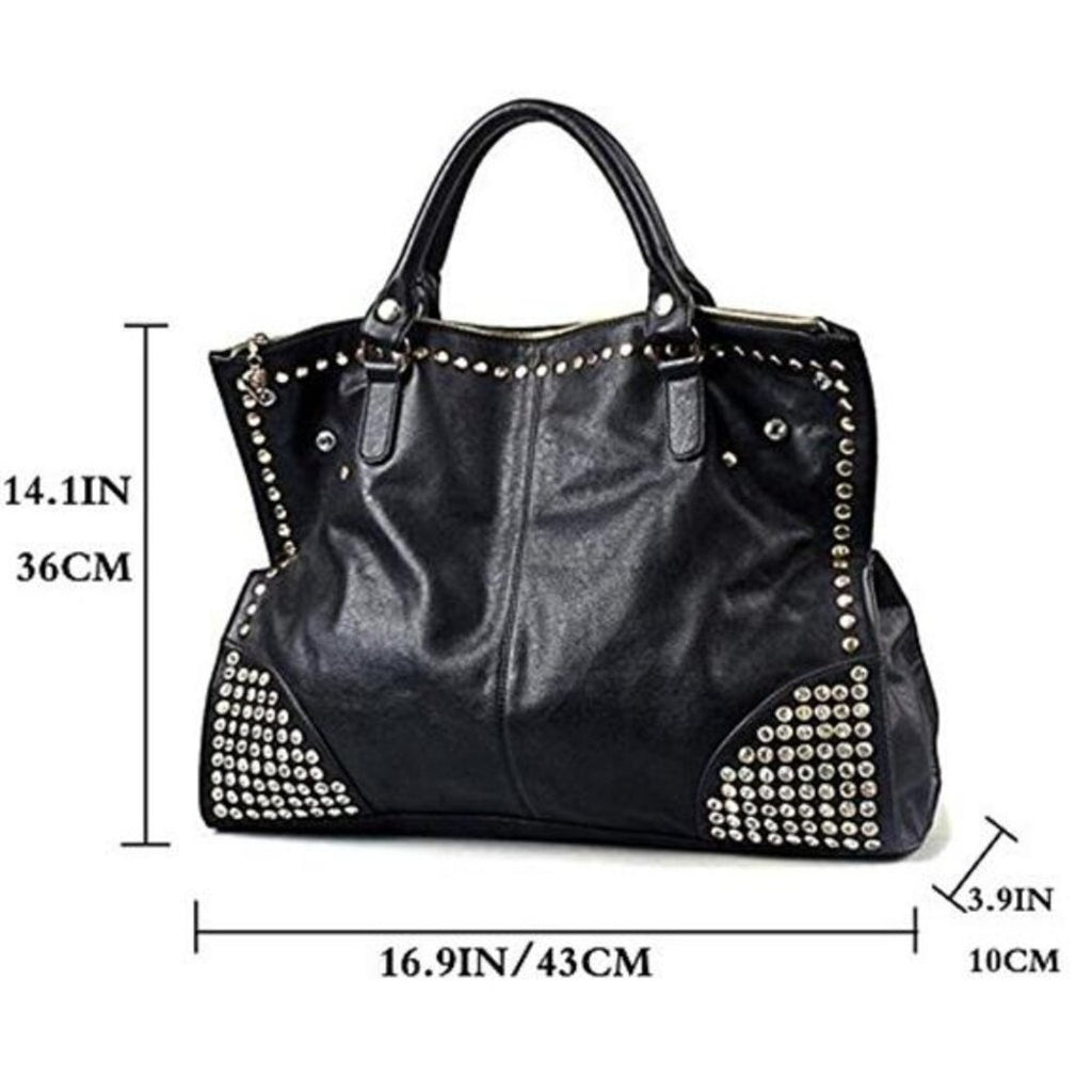 Black Vegan Leather Rivet Satchel Tote Top Handle Shoulder Bag Adjustable Strap