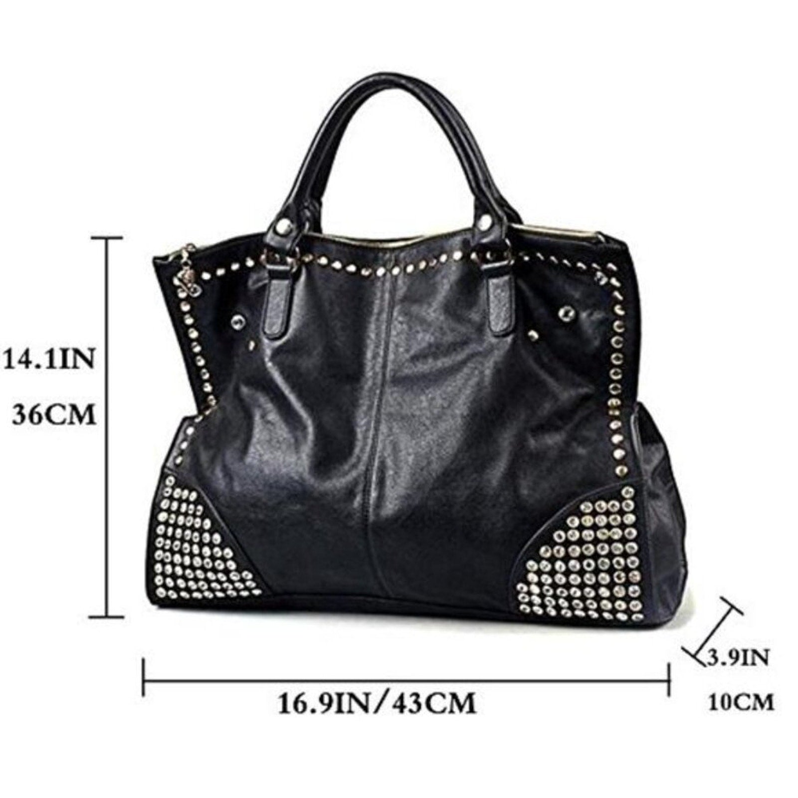 Black Vegan Leather Rivet Satchel Tote Top Handle Shoulder Bag Adjustable Strap