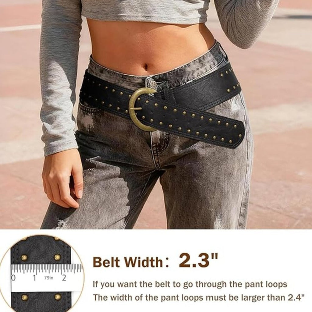 Wide Chunky Studded Leather Belt – 2.3” Vintage Waist Belt with Brass Buckle