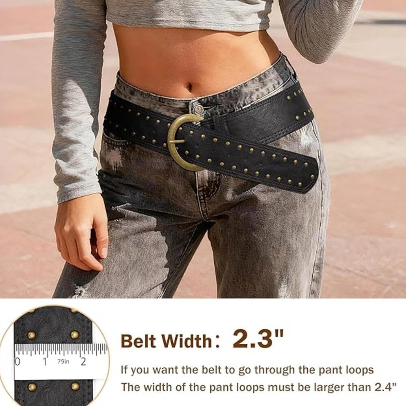 Wide Chunky Studded Leather Belt – 2.3” Vintage Waist Belt with Brass Buckle