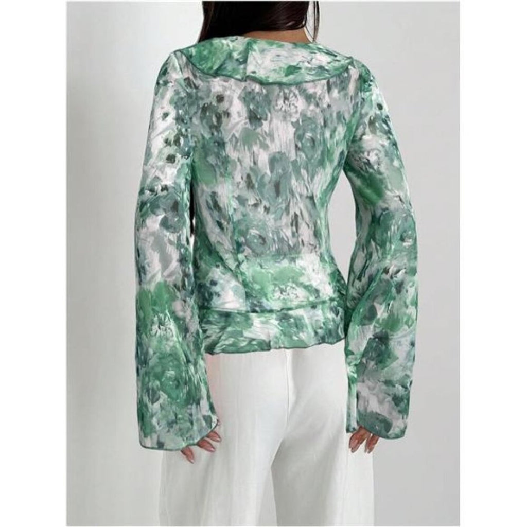 Women’s Floral Print Ruffle Blouse – V Neck Tie Front Long Bell Sleeve Top Green