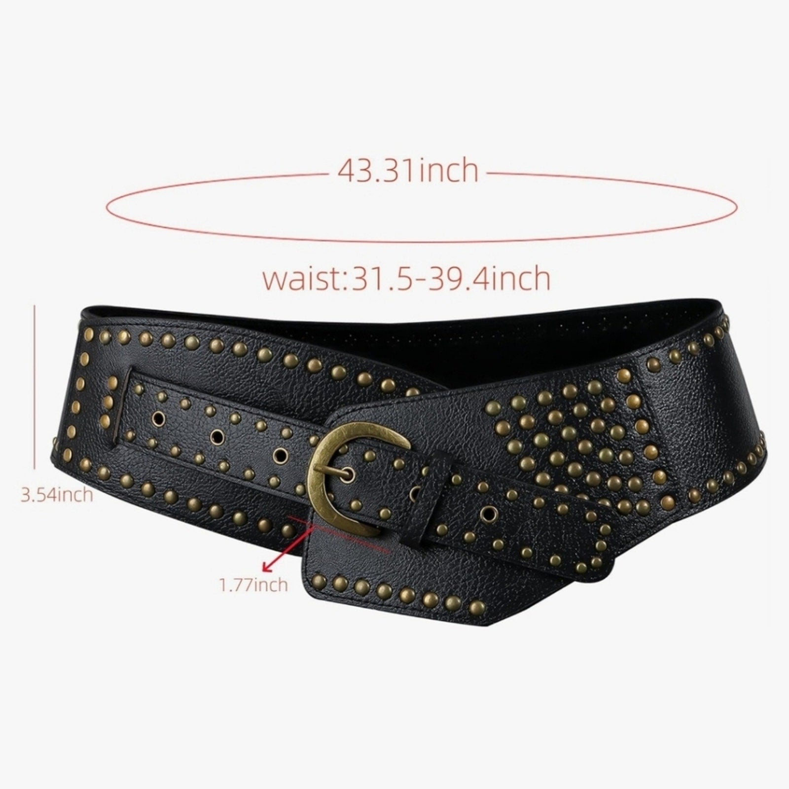 Black Wide Studded Leather Belt Waist Cinch Belt with Antique Gold Buckle