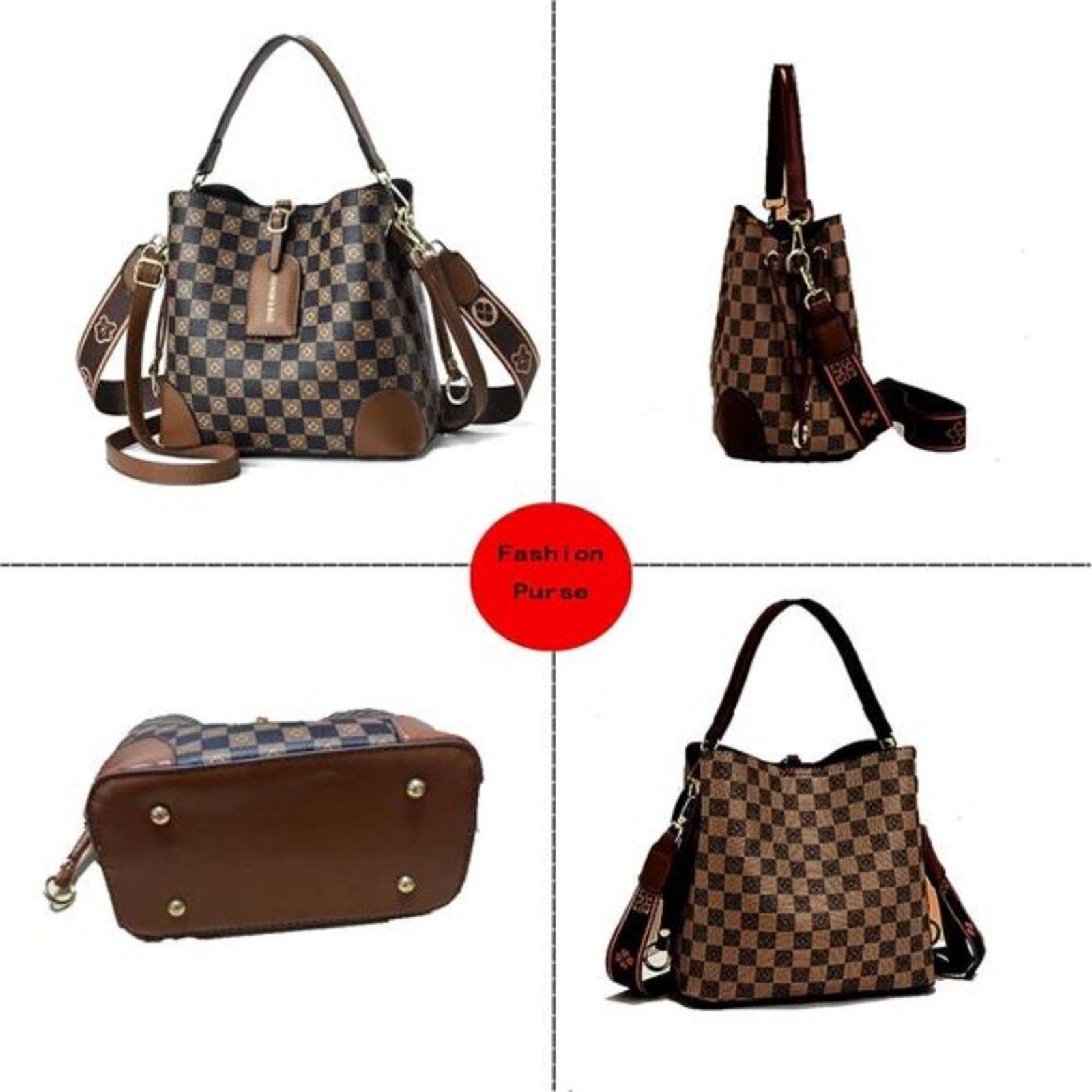 Cross Body Bag Purses Brown & Black  Vegan Leather Crossbody Bucket Bag