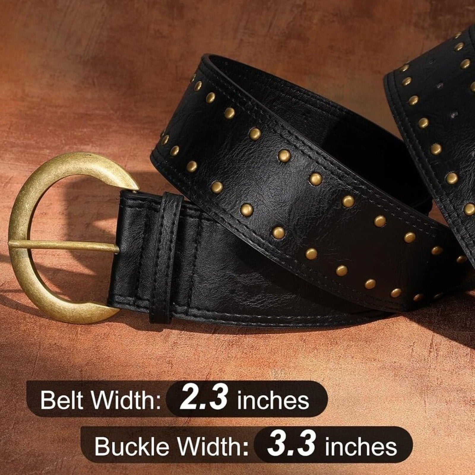 Wide Chunky Studded Leather Belt – 2.3” Vintage Waist Belt with Brass Buckle