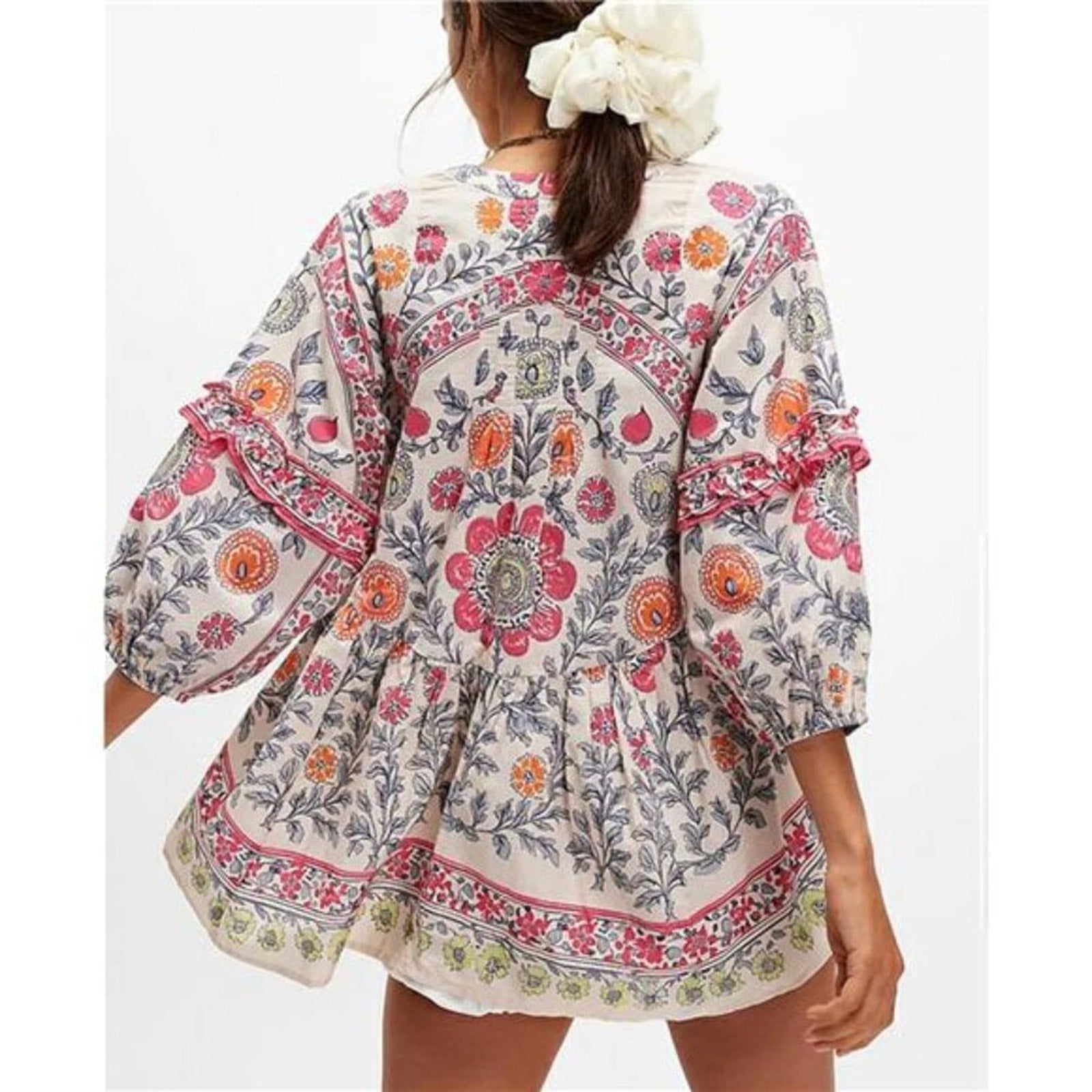 Women Boho Floral Puff Sleeve Peplum Tunic Top Y2K Vintage Button Down Shirt