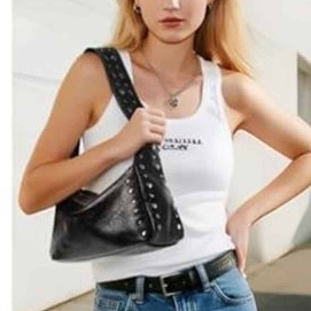 Black Studded Y2K Shoulder Bag for Women Small Vegan Leather Purse Chic