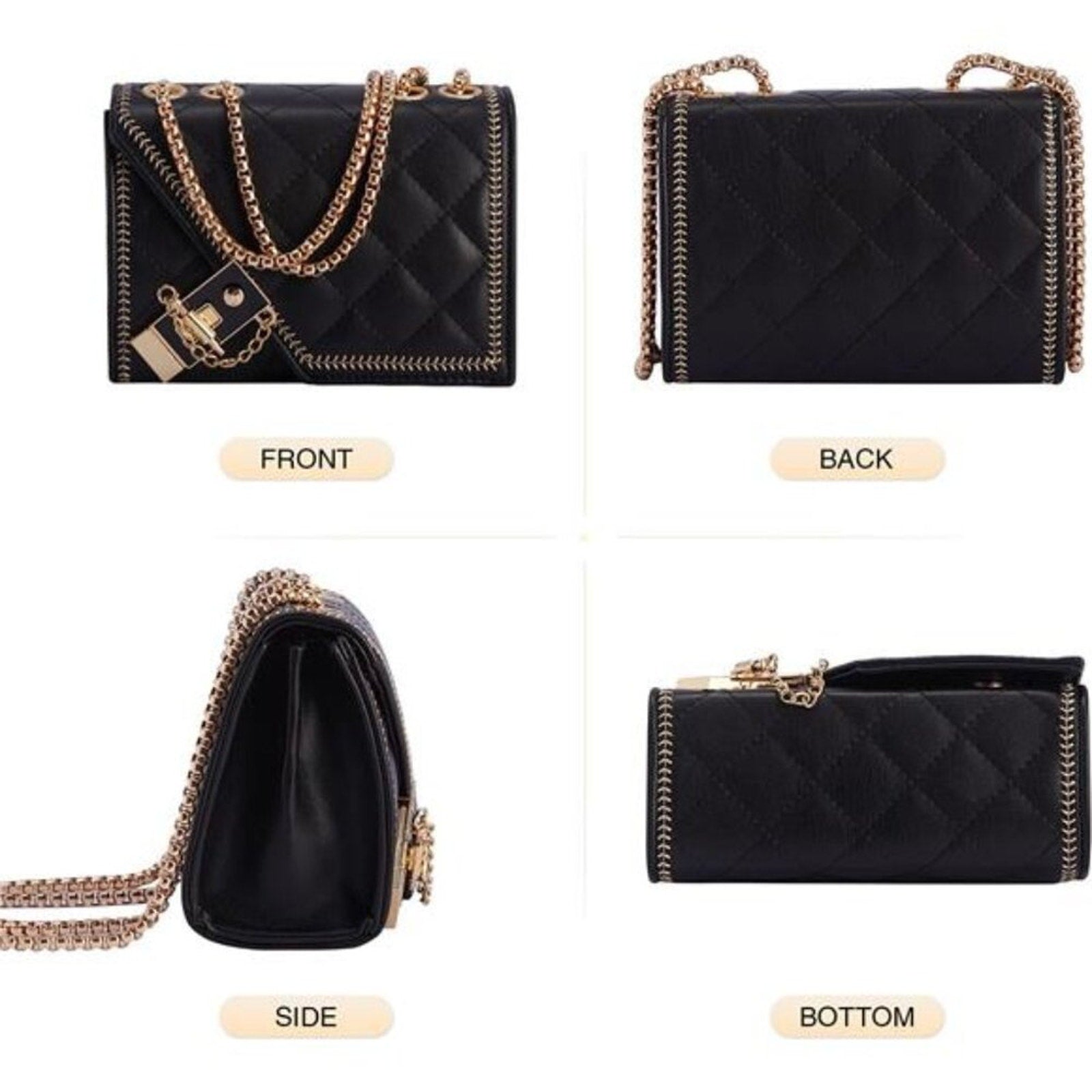 Quilted Crossbody Bag Black Vegan Leather Shoulder Bag Fashion Chain Small Purse