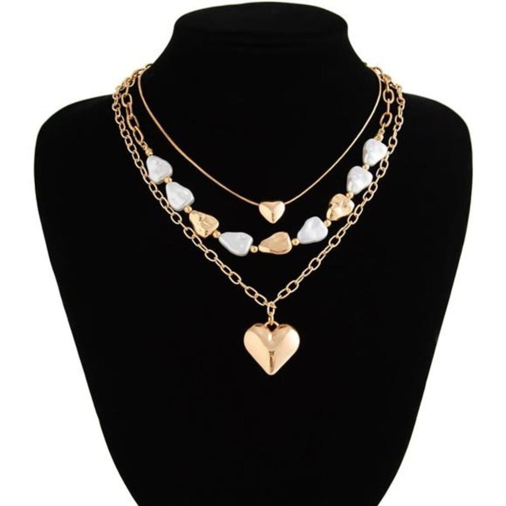 Layered Heart Necklace for Women Gold Chunky Heart Pendant Pearl Chain Necklace