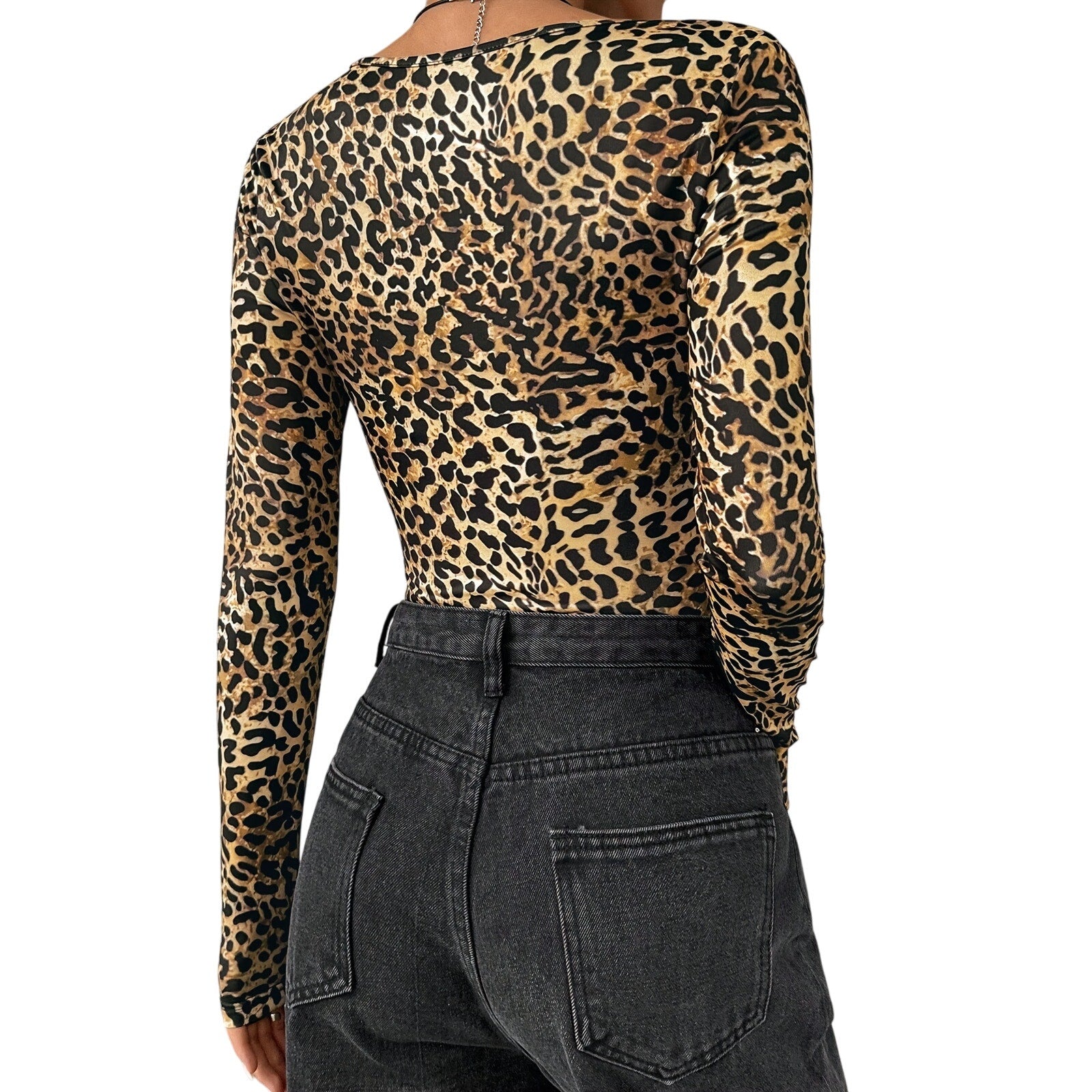 Leopard Print Long Sleeve Bodysuit Beige Brown | Sexy Animal Print Top Size Small