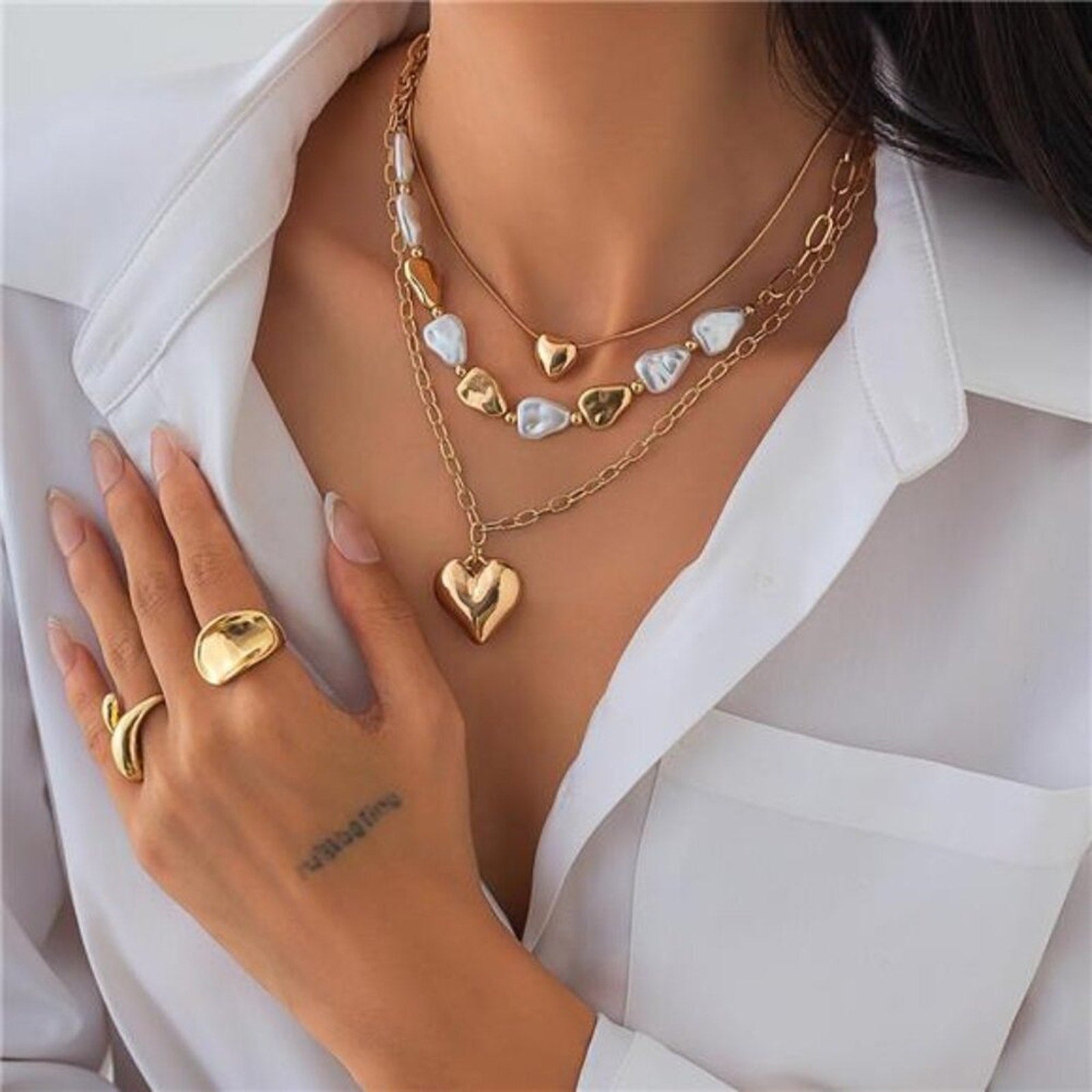 Layered Heart Necklace for Women Gold Chunky Heart Pendant Pearl Chain Necklace
