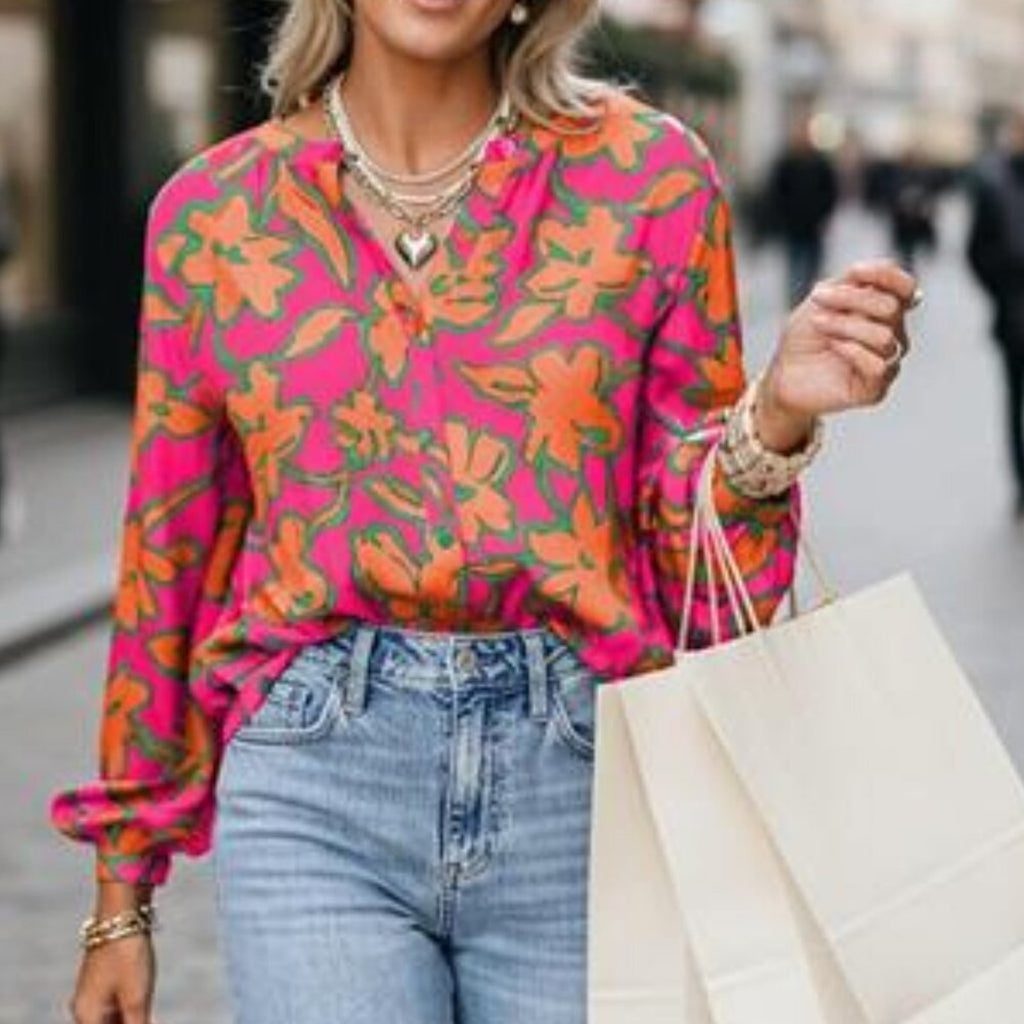 Women’s Boho Floral Loose Blouse – Lantern Sleeve Flowy Spring Summer Top