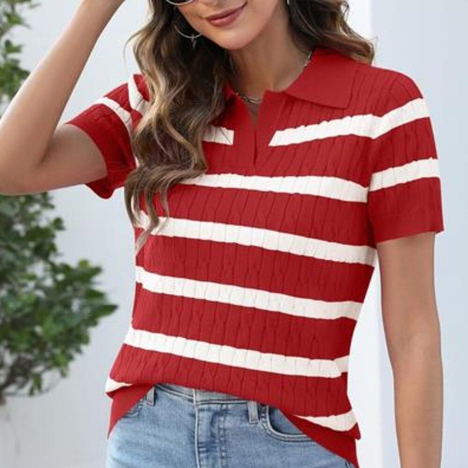 Women’s Short Sleeve Lightweight Cable Knit Sweater Top Red & White V-Neck Lape