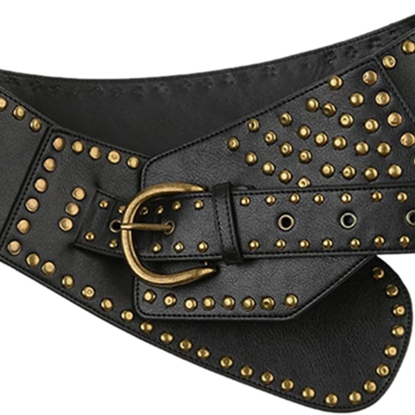 Black Wide Studded Leather Belt Waist Cinch Belt with Antique Gold Buckle
