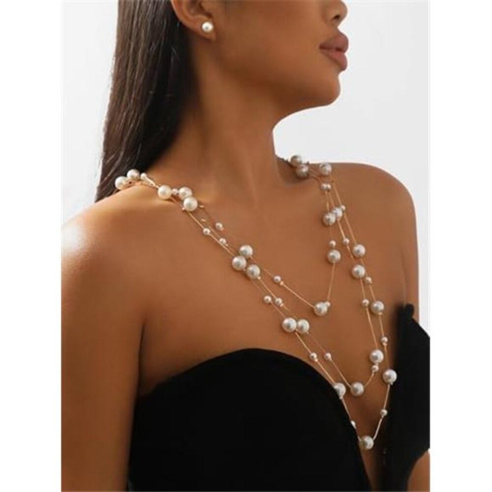 Long Lab Pearl Necklaces Three-Strand Long Chains Beads Necklaces & Earrings