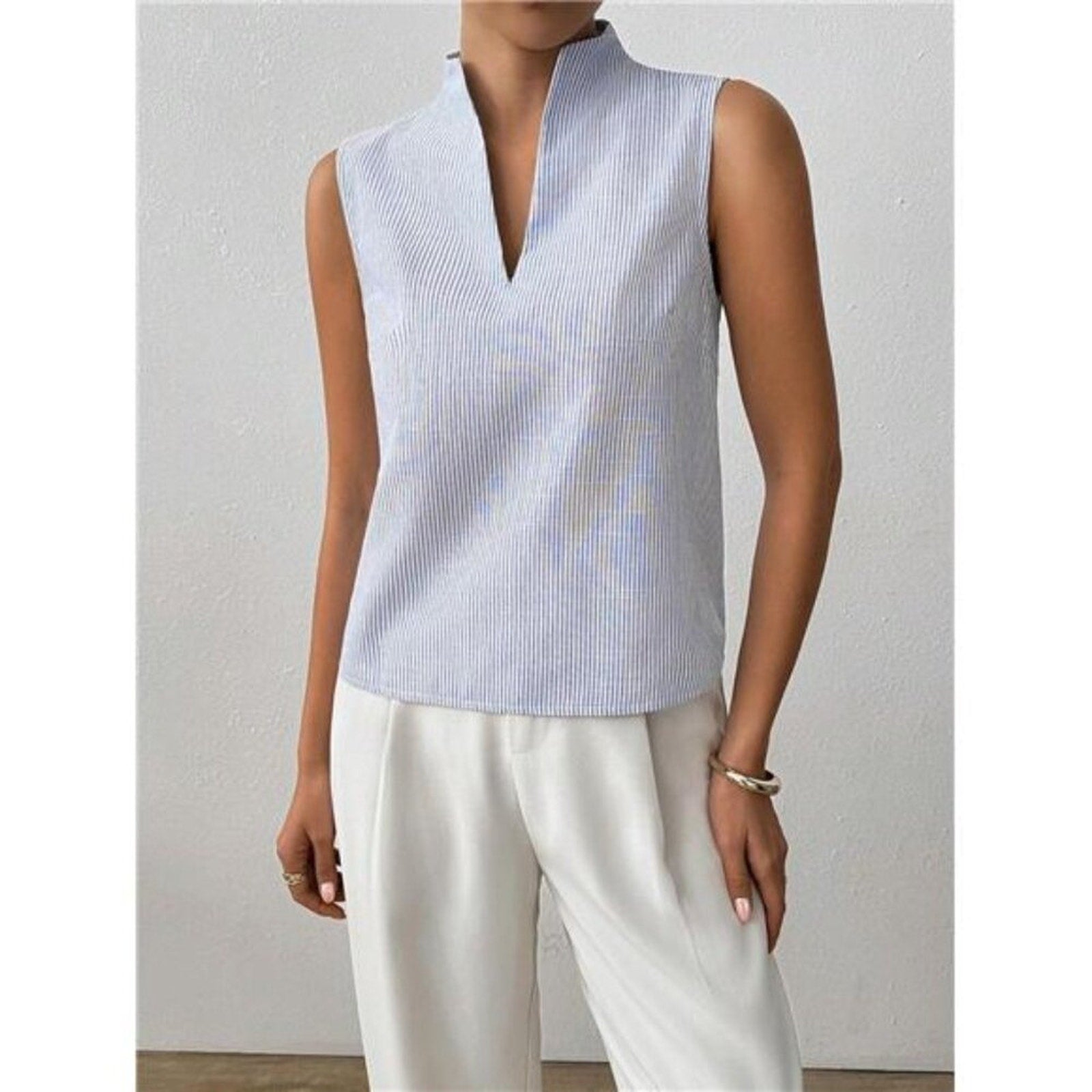Women’s Deep V-Neck Sleeveless Work Top Blue Striped Business Casual Tank Blouse