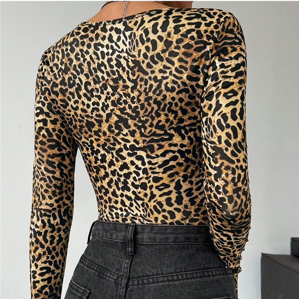 Leopard Print Long Sleeve Bodysuit Beige Brown | Sexy Animal Print Top Size Small