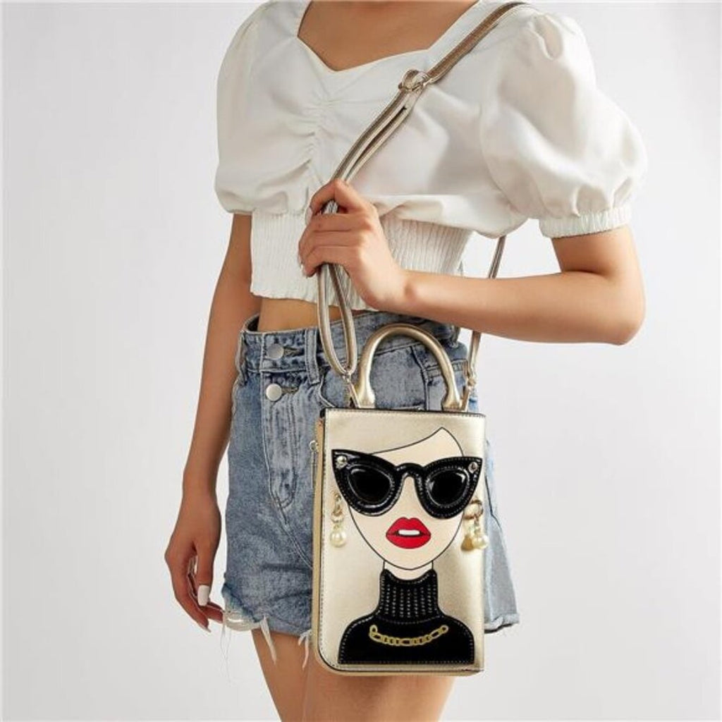 Women Golden Lady Face Shoulder Bags Funky Vegan Leather Top Handle Satchel