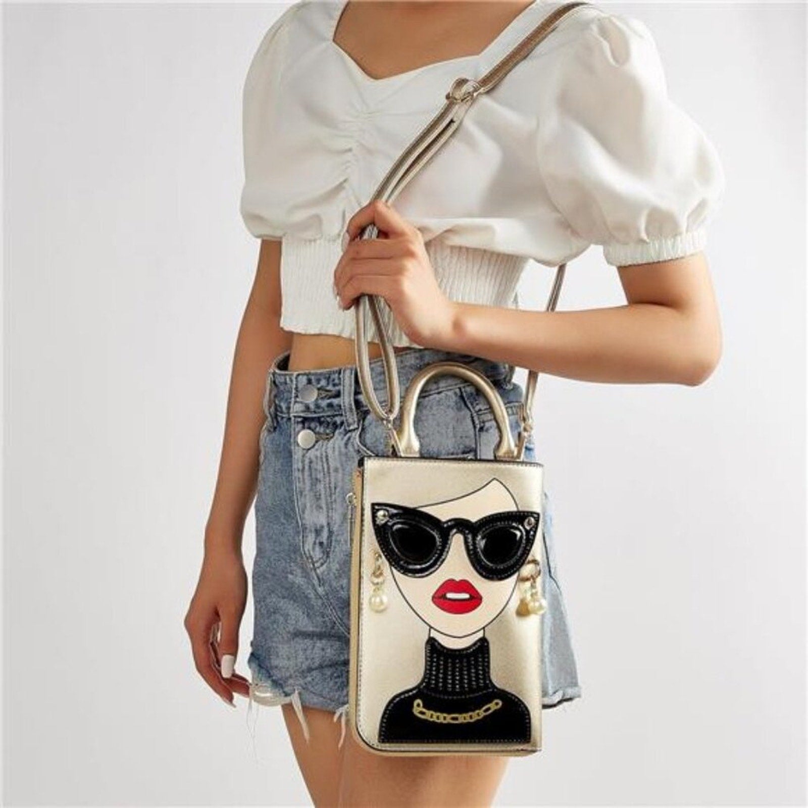 Women Golden Lady Face Shoulder Bags Funky Vegan Leather Top Handle Satchel