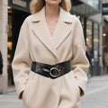Women's Wide Elastic Waist Belt  Black Vegan Leather Stretch Interlock Buckle
