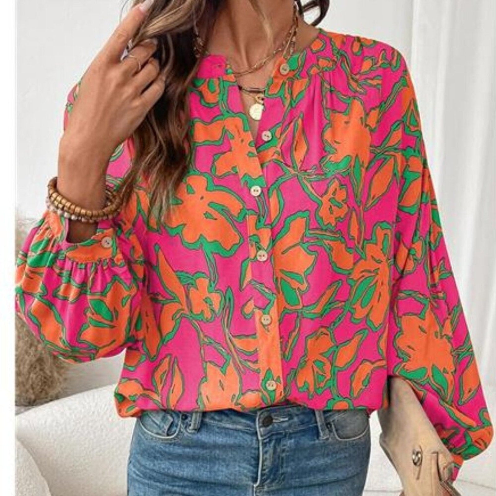 Women’s Boho Floral Loose Blouse – Lantern Sleeve Flowy Spring Summer Top