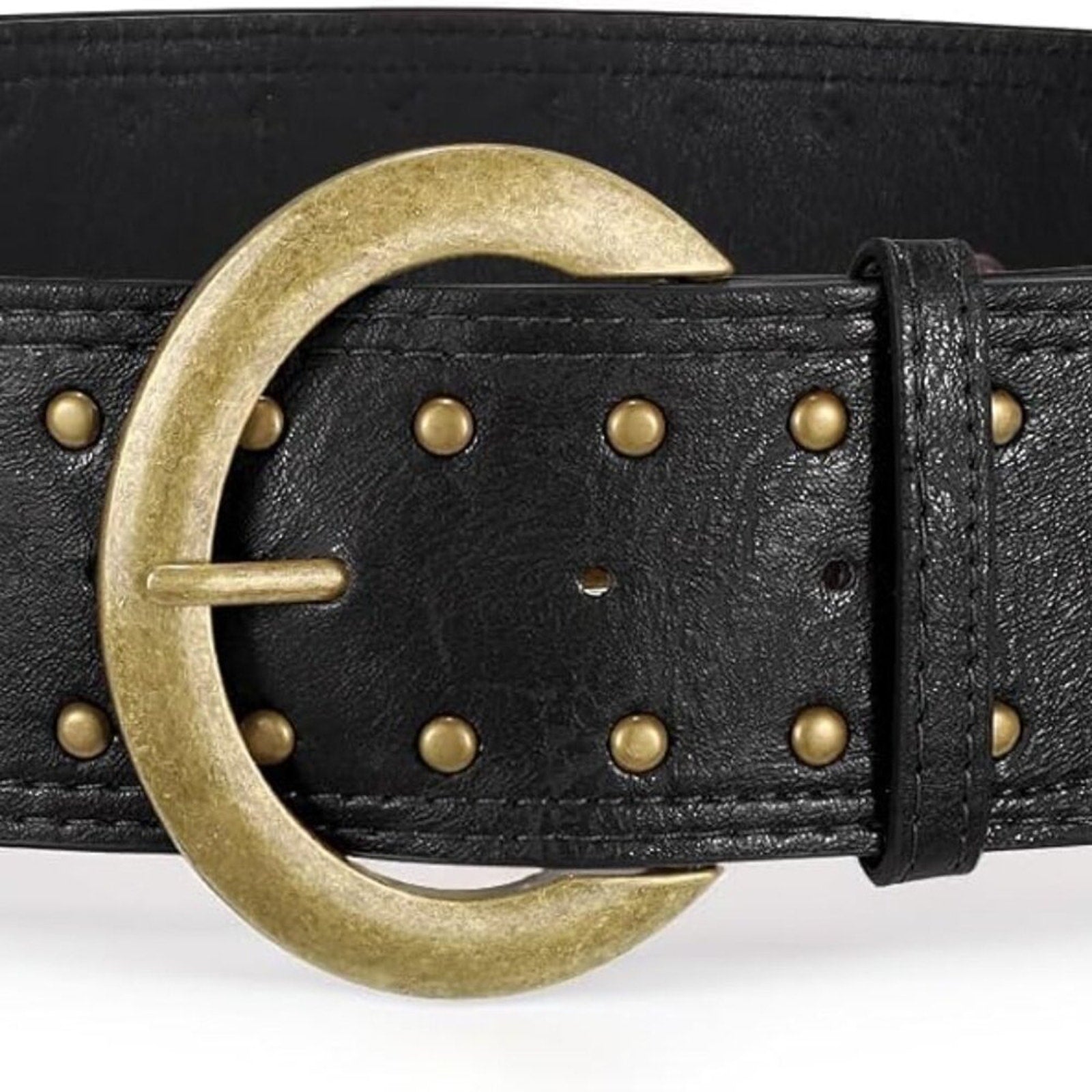 Wide Chunky Studded Leather Belt – 2.3” Vintage Waist Belt with Brass Buckle