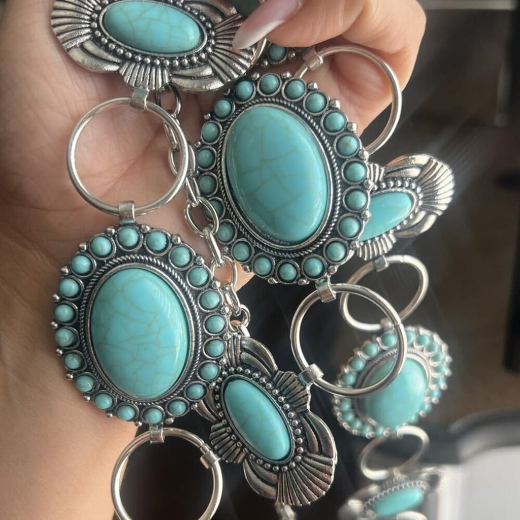 Turquoise Concho Belt for Women Silver Western Chain Belt, Cowgirl Country belt