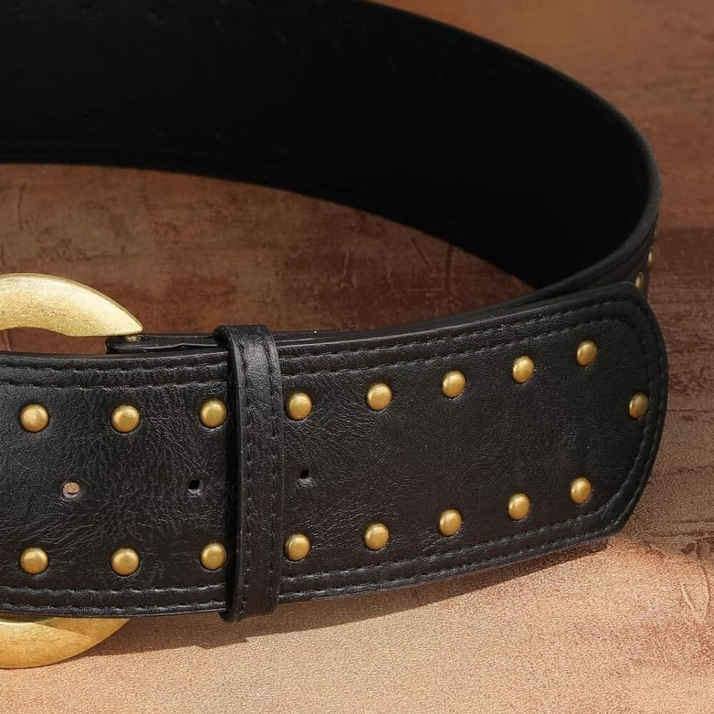 Wide Chunky Studded Leather Belt – 2.3” Vintage Waist Belt with Brass Buckle