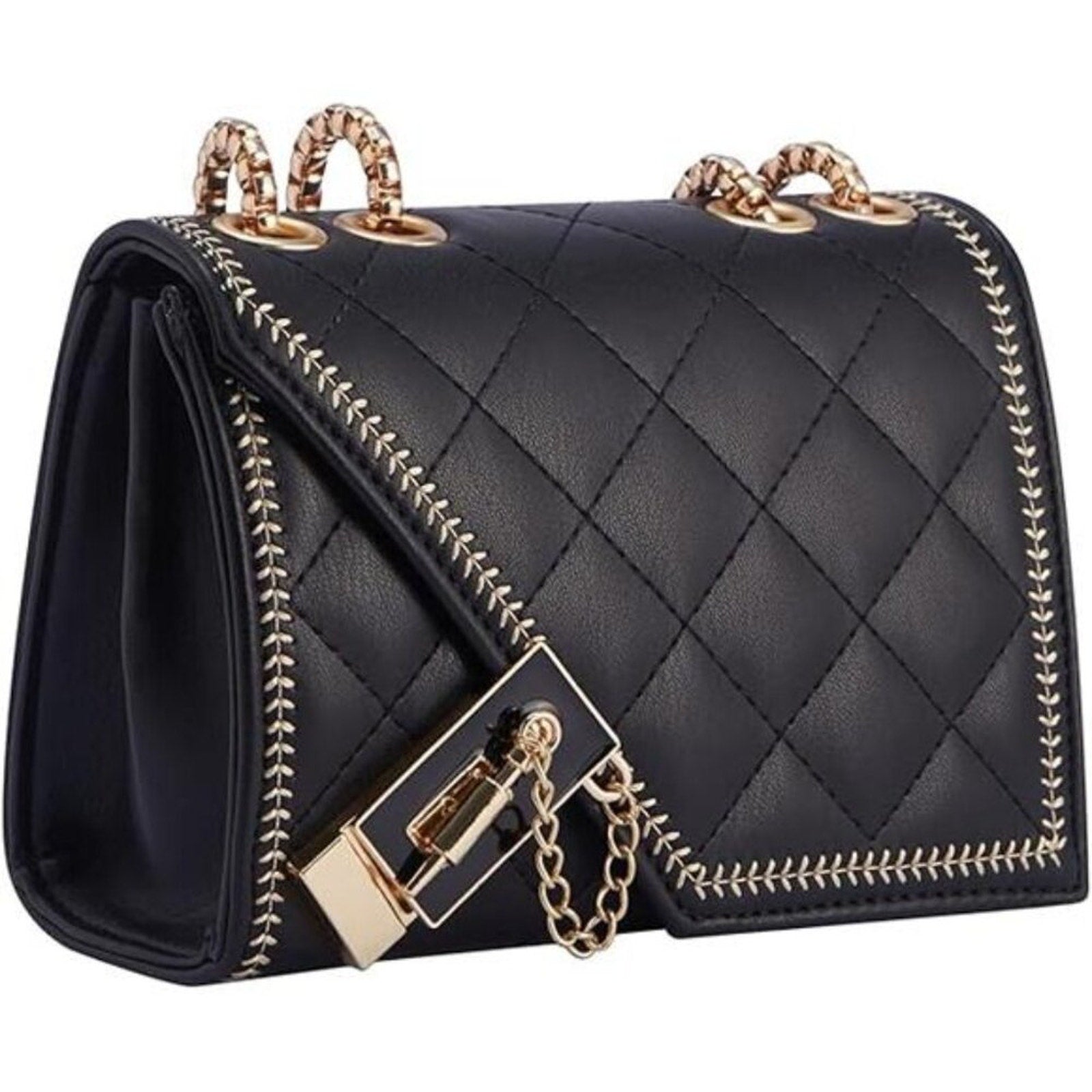 Quilted Crossbody Bag Black Vegan Leather Shoulder Bag Fashion Chain Small Purse