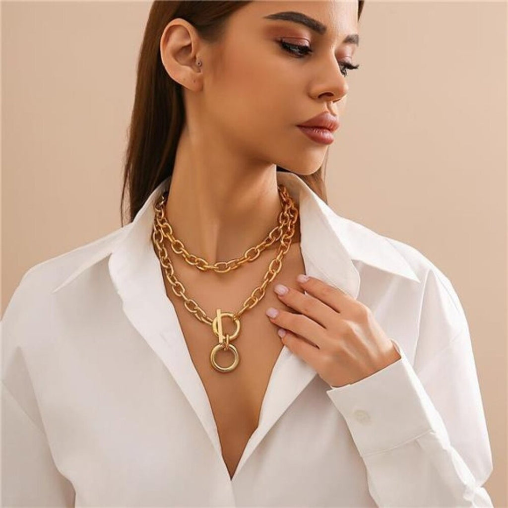 Chunky Gold Chain Necklace for Women Layered Chain with Toggle Circle Pendant