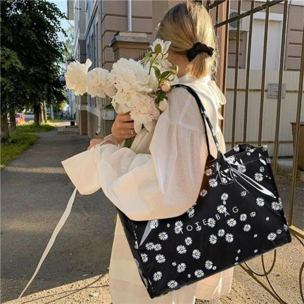 Women’s Black Daisy Tote Bag – PVC Kraft Paper Handbag with Top Handle