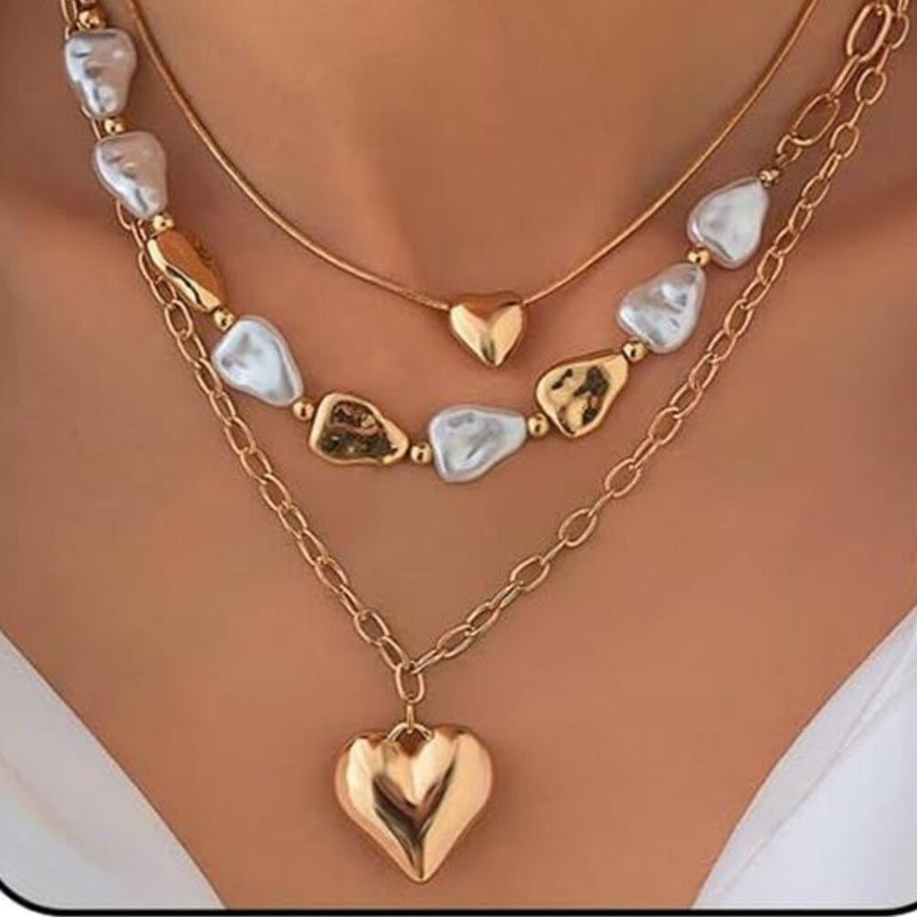 Layered Heart Necklace for Women Gold Chunky Heart Pendant Pearl Chain Necklace