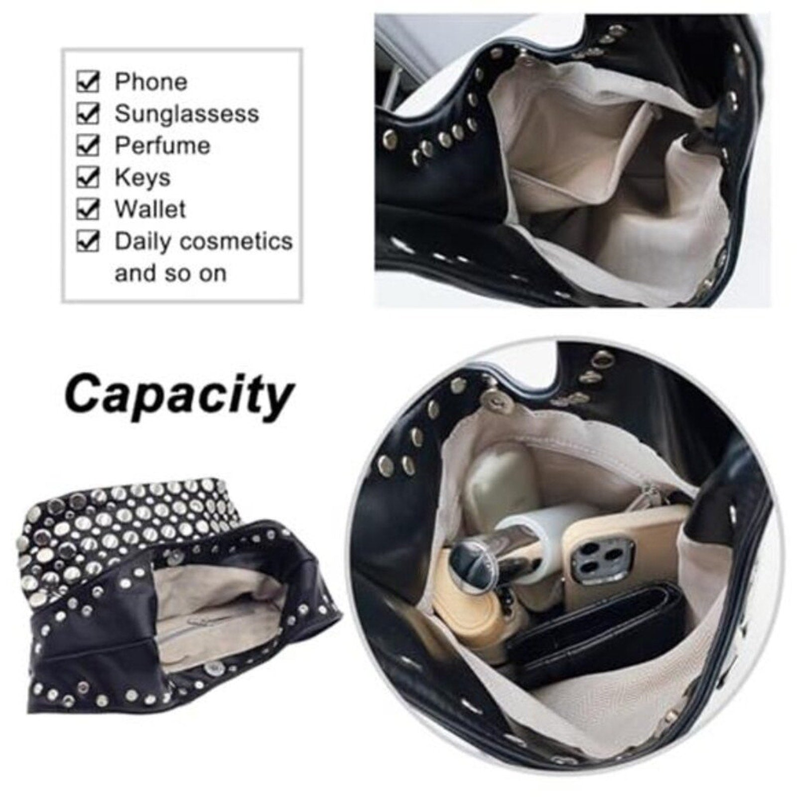Y2K Hobo Shoulder Bag Punk Studded Top Handle Bag for Women Tote Handbag Black