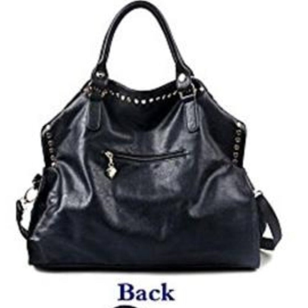Black Vegan Leather Rivet Satchel Tote Top Handle Shoulder Bag Adjustable Strap